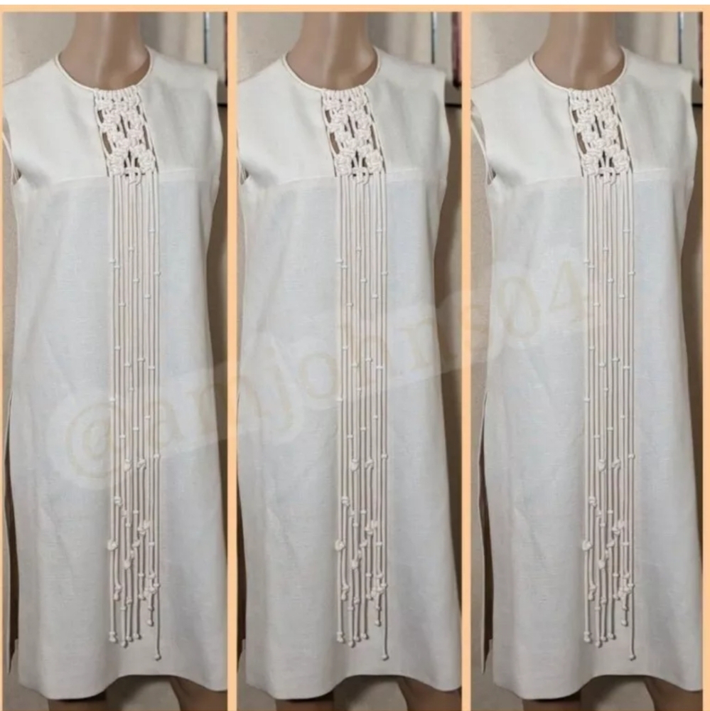 BH Wragge Vtg Midi Shift Rope Fringe Macrame Beaded Off White Midi Dress - Picture 14 of 15